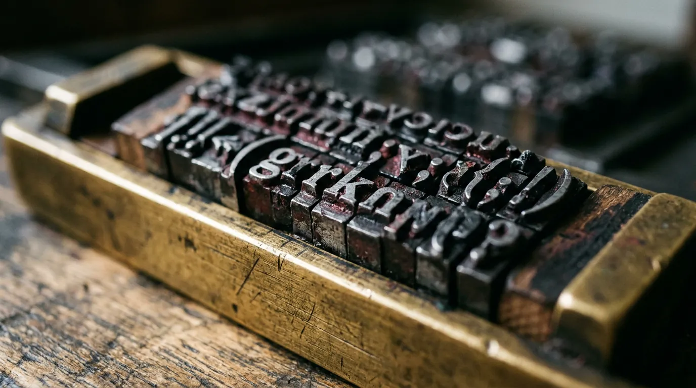 Close-up of ink-blackened metal letterpress type locked in a brass composing stick on a worn workbench.