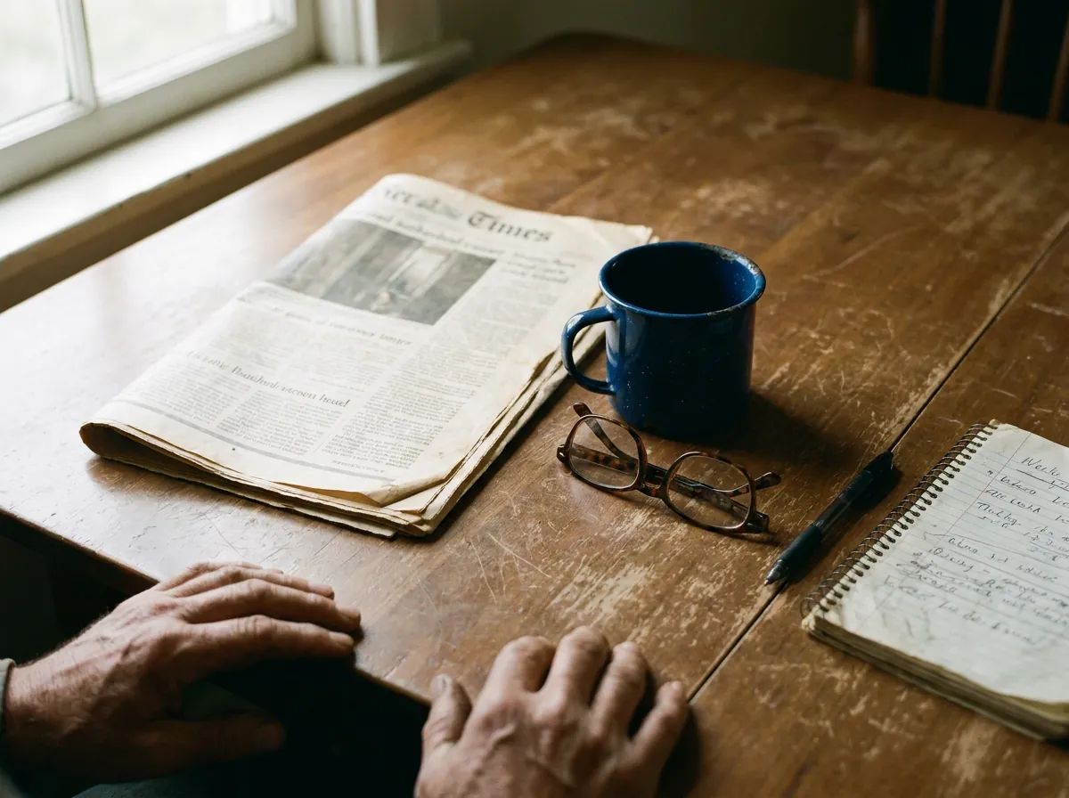 A folded broadsheet newspaper on a worn kitchen table beside an enamel mug, reading glasses and a notebook, in morning light.