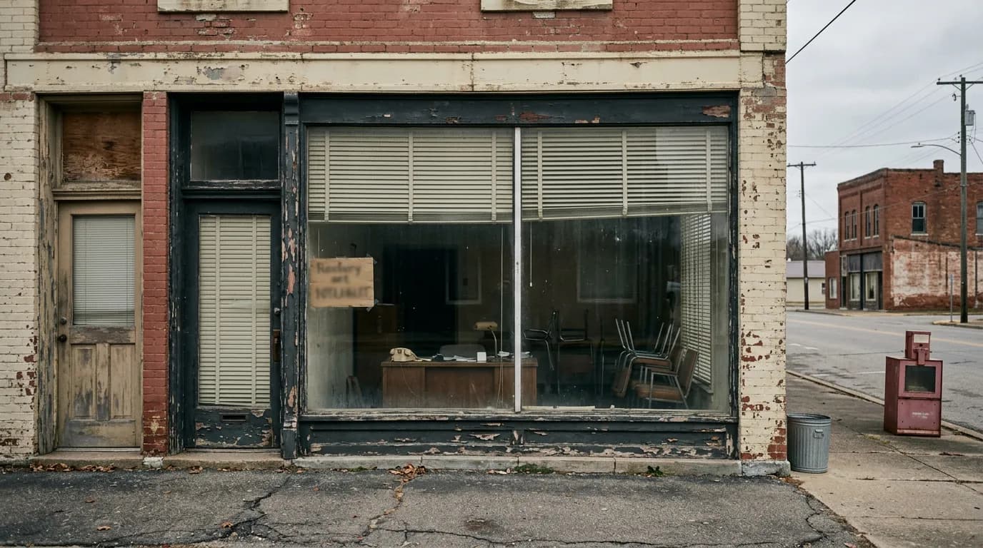 A shuttered newspaper office on an empty main street: dusty plate glass, blinds half drawn, chairs stacked on an abandoned desk inside.