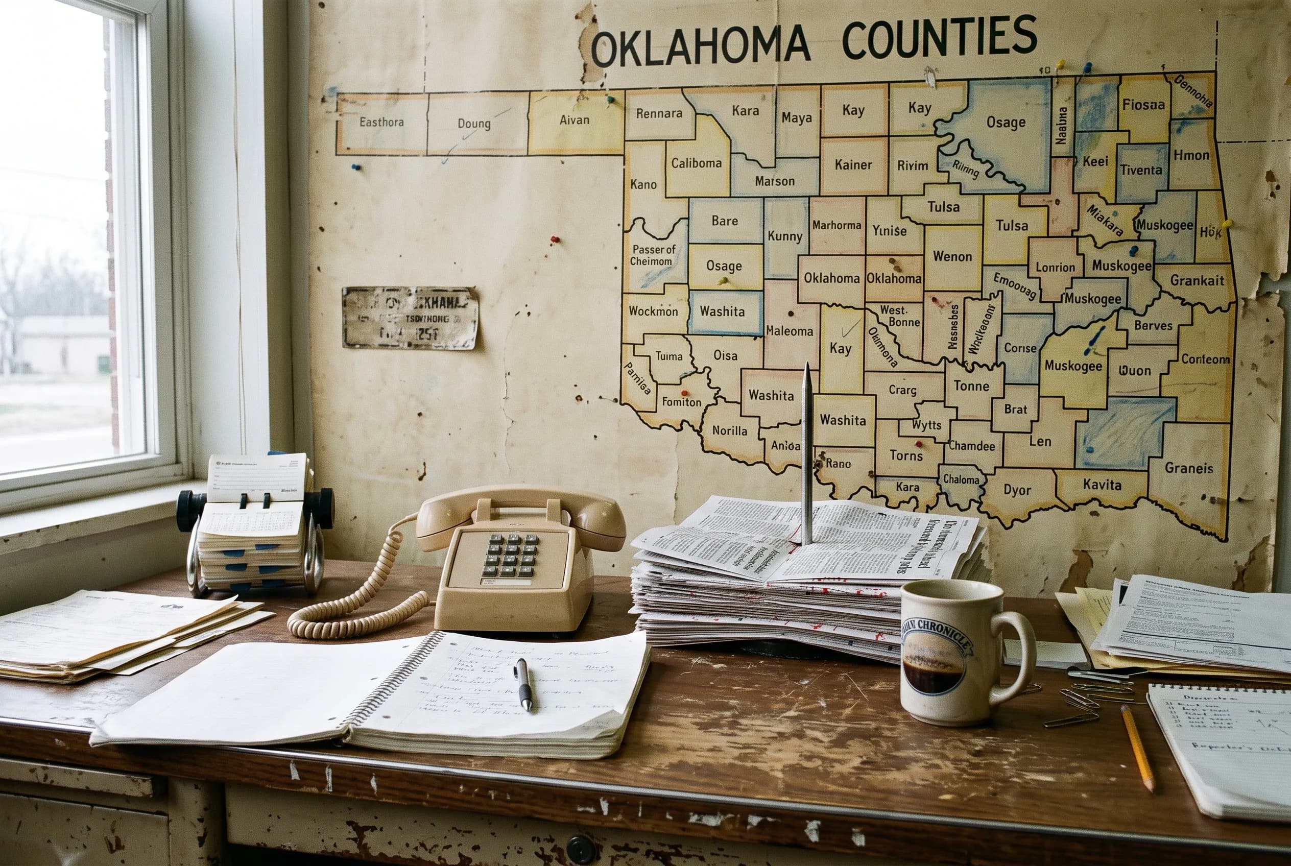 A weathered newsroom desk with a telephone, Rolodex, spiral notebook and a spiked stack of pages beneath a wall map of Oklahoma counties