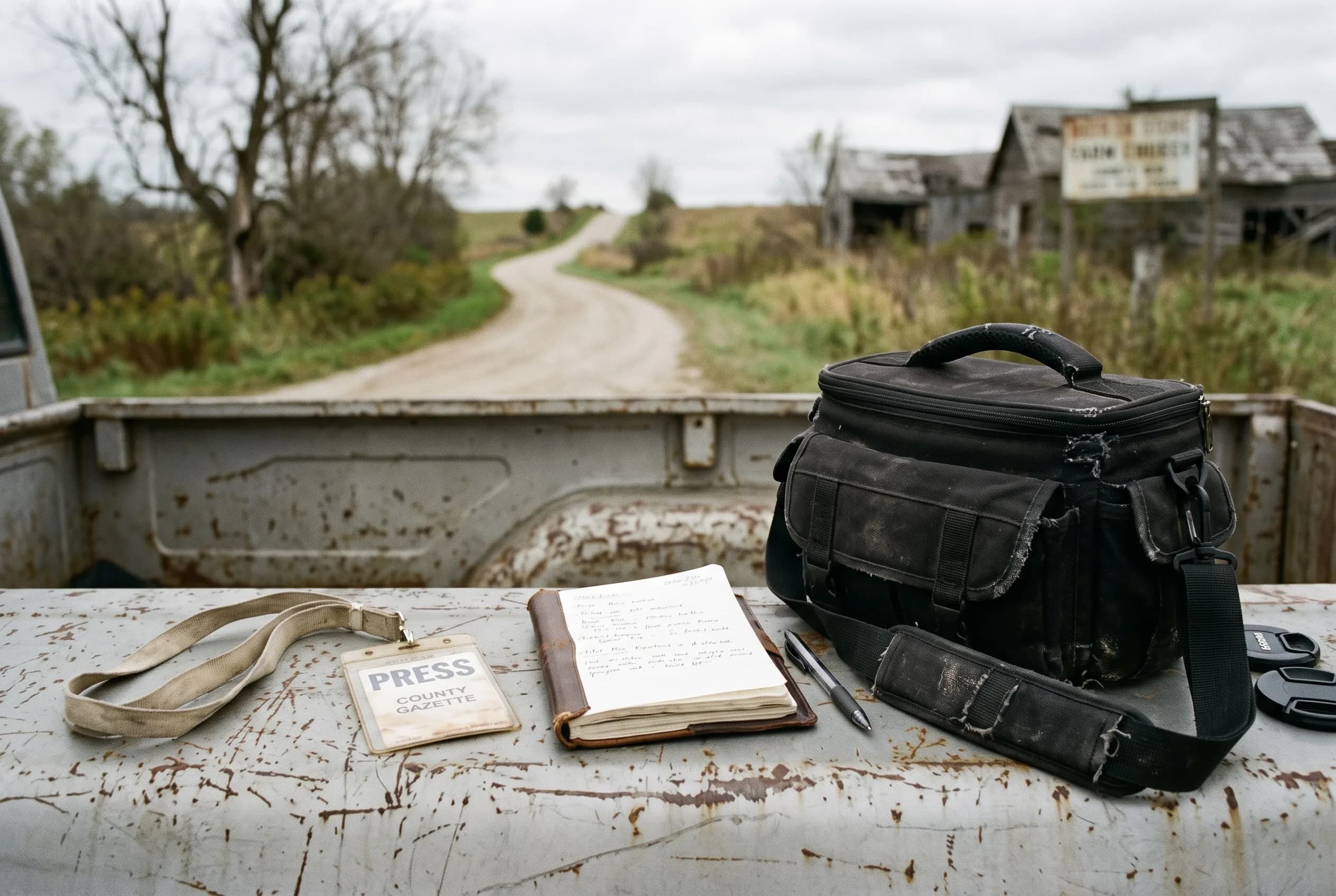 A reporter's field kit on a pickup tailgate — notebook, pen, press pass on a lanyard and a camera bag — with a dirt county road running off behind