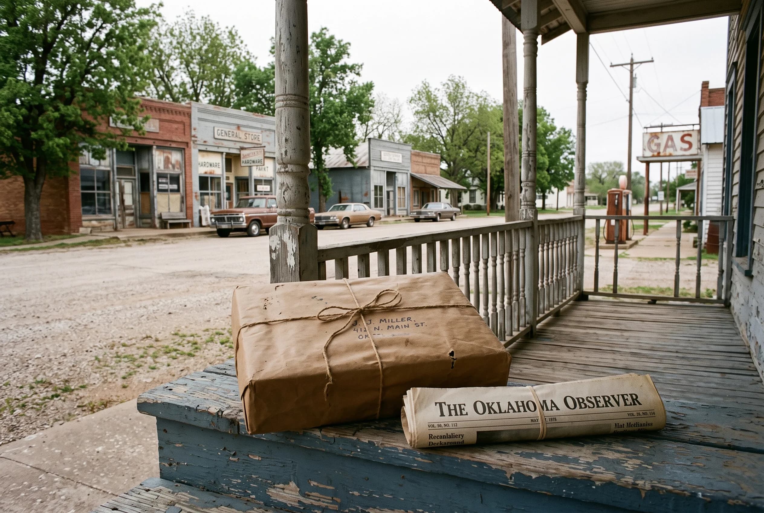 A brown-paper parcel tied with string on a painted porch step beside a rolled newspaper, a small-town main street beyond the rail