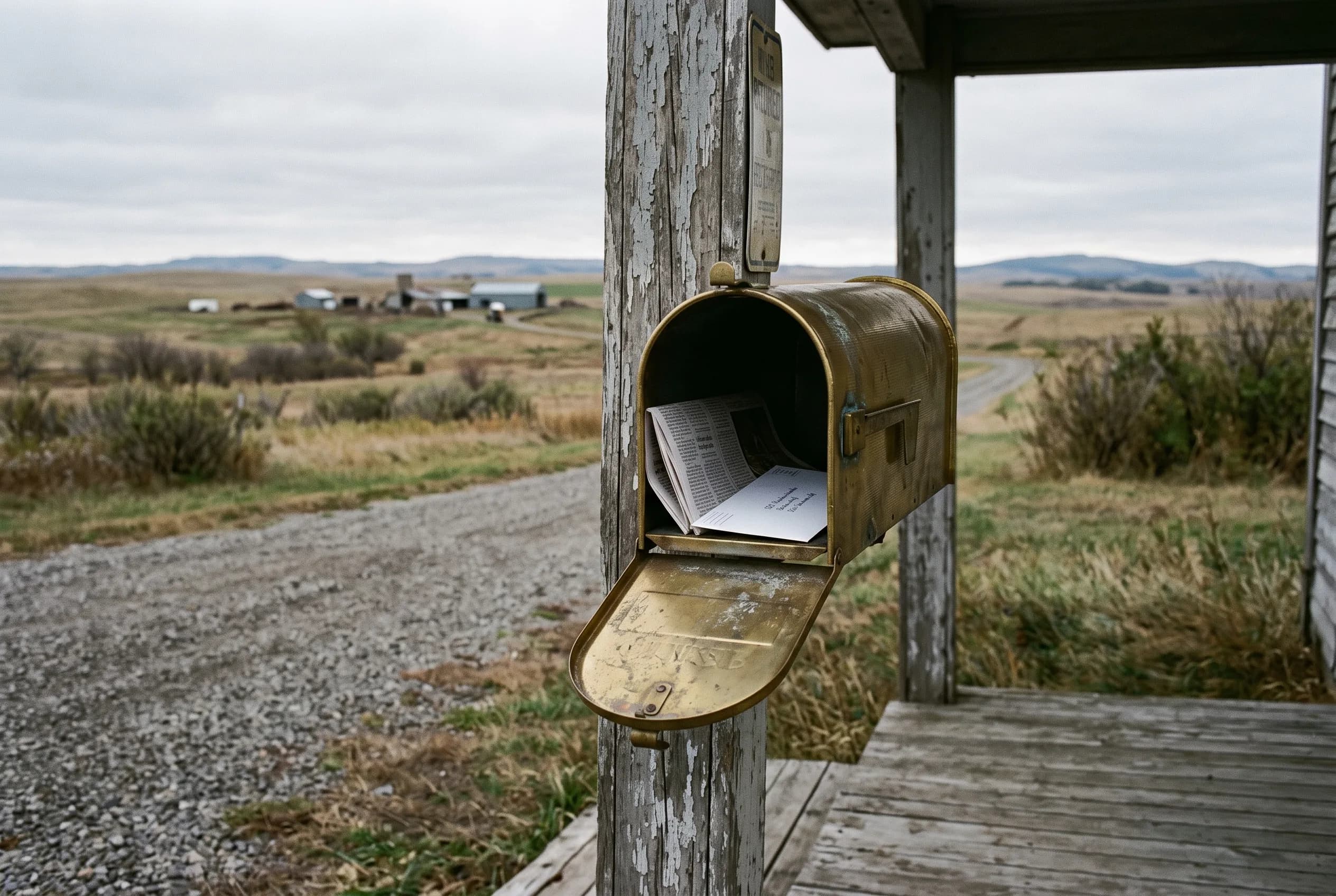 An open brass mailbox on a weathered porch post holding a folded newspaper and an envelope, gravel drive and prairie behind
