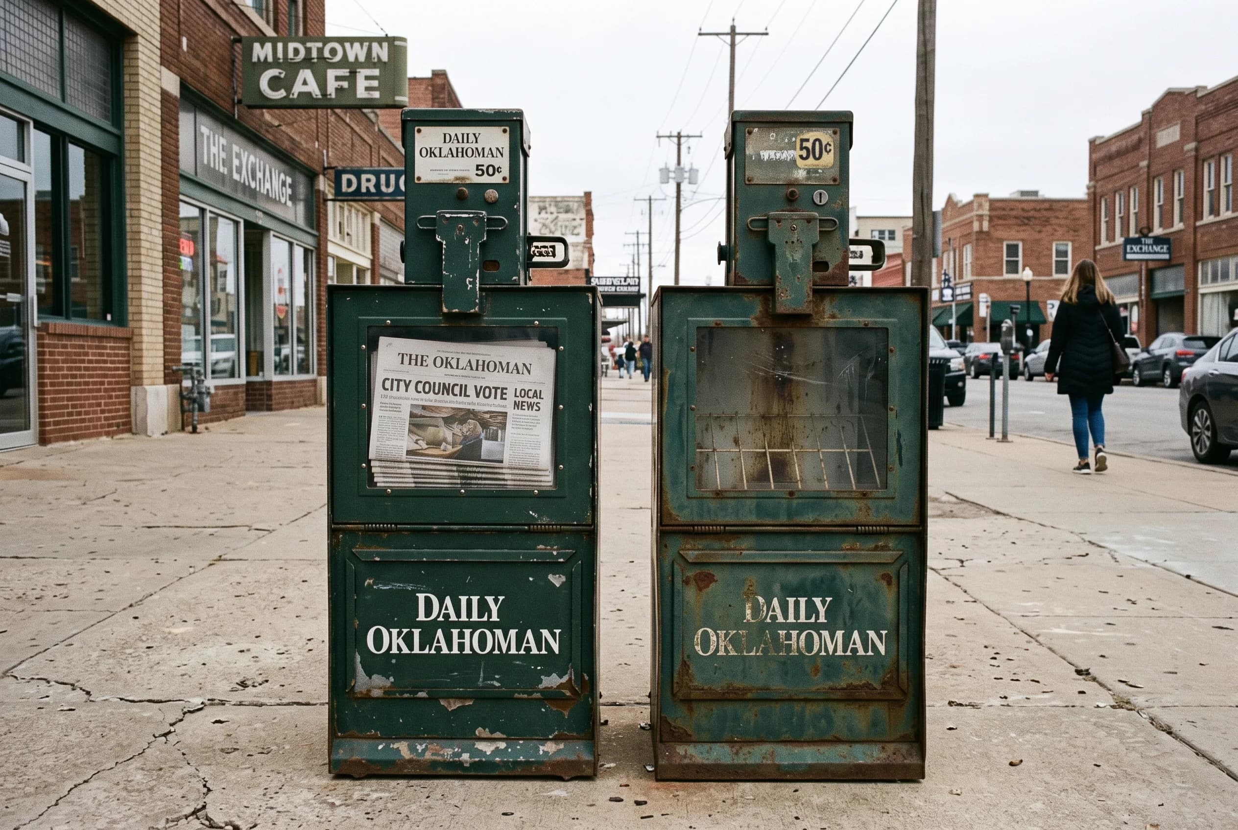 Two aged coin-operated newspaper racks side by side on a downtown Oklahoma sidewalk, one stocked with papers and one standing empty