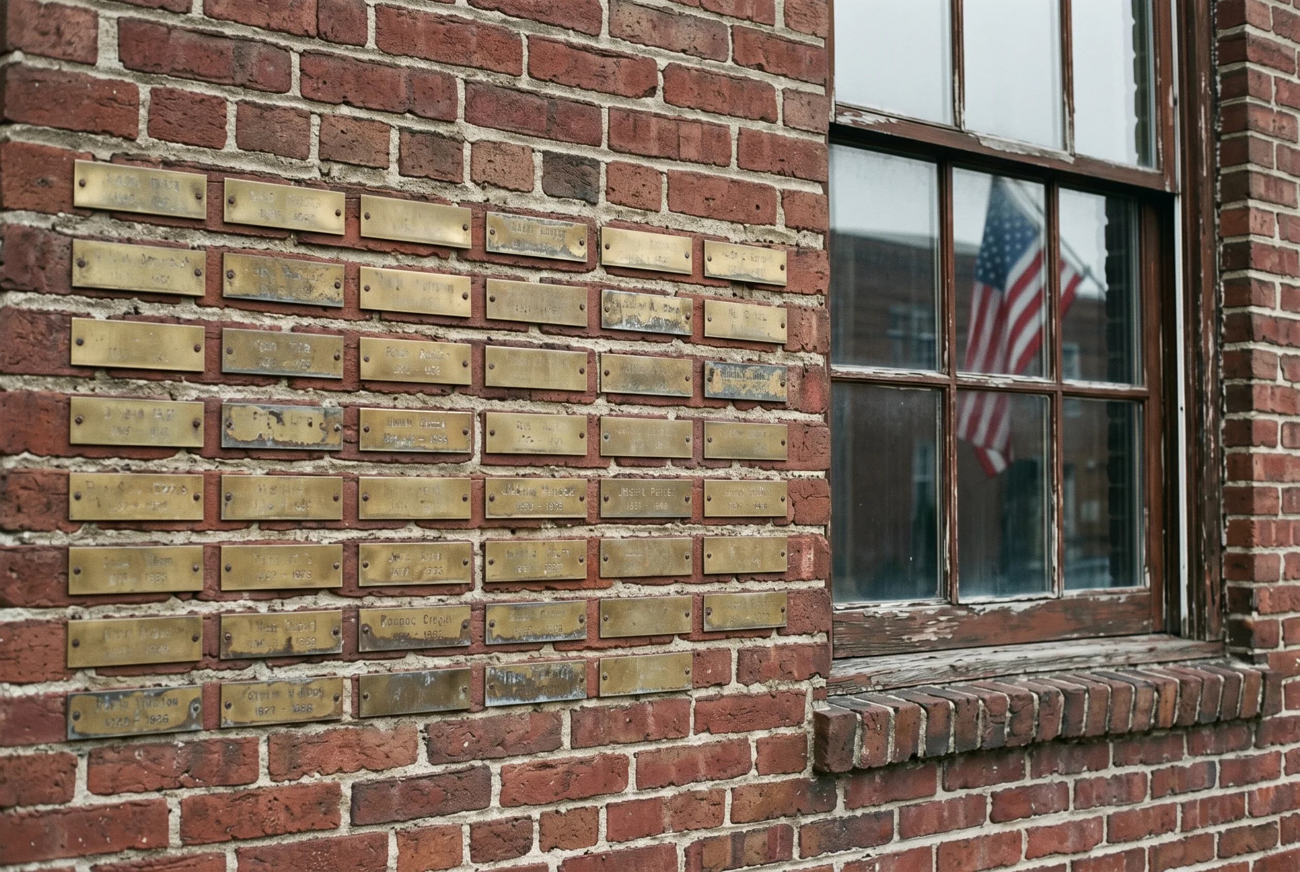 Rows of small weathered brass name plates fixed to a red-brick wall beside a window reflecting an American flag