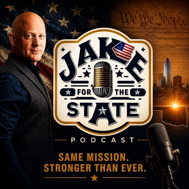 Jake for the State — cover art: Jake Merrick beside the show's badge logo, with the US flag, the Constitution and the Oklahoma City skyline, over the line “Same mission. Stronger than ever.”