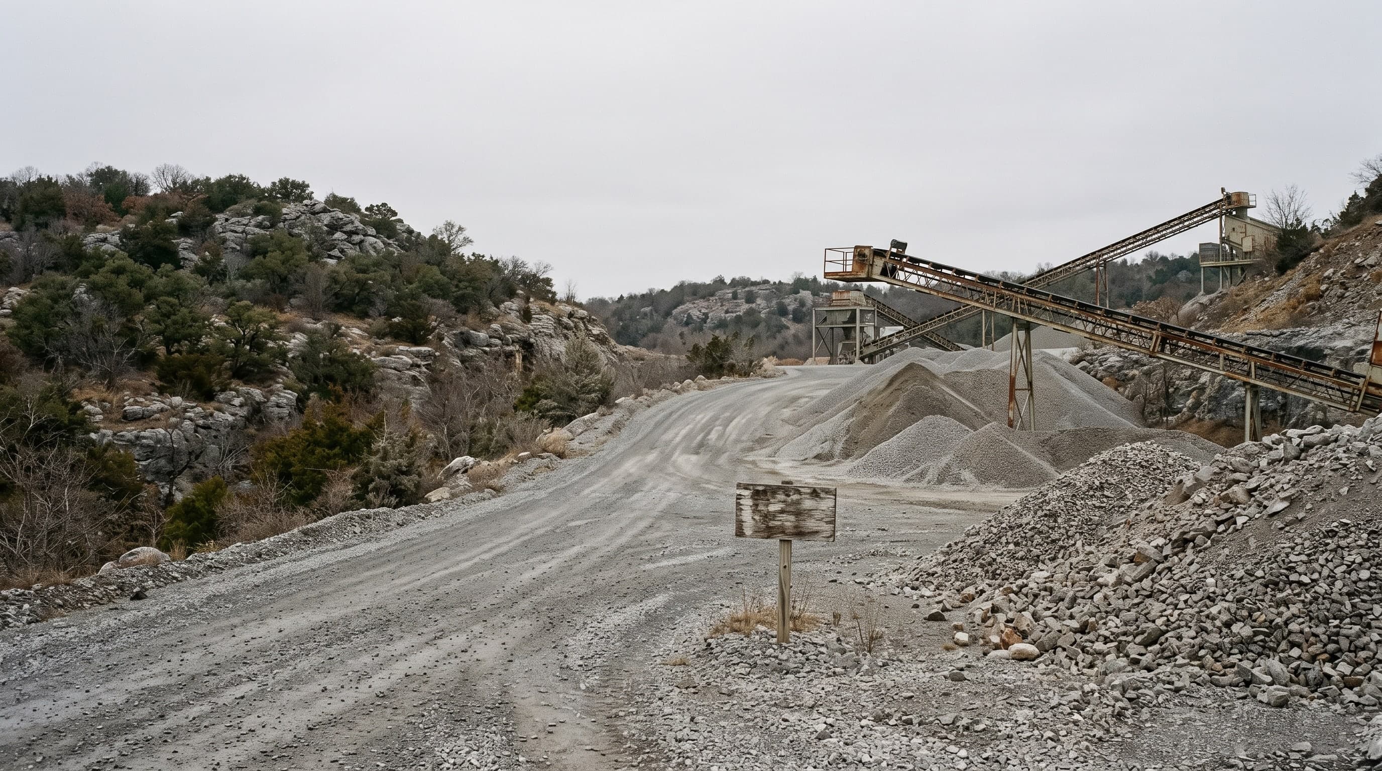 A gravel road through grey limestone with a quarry conveyor and rock piles to one side.