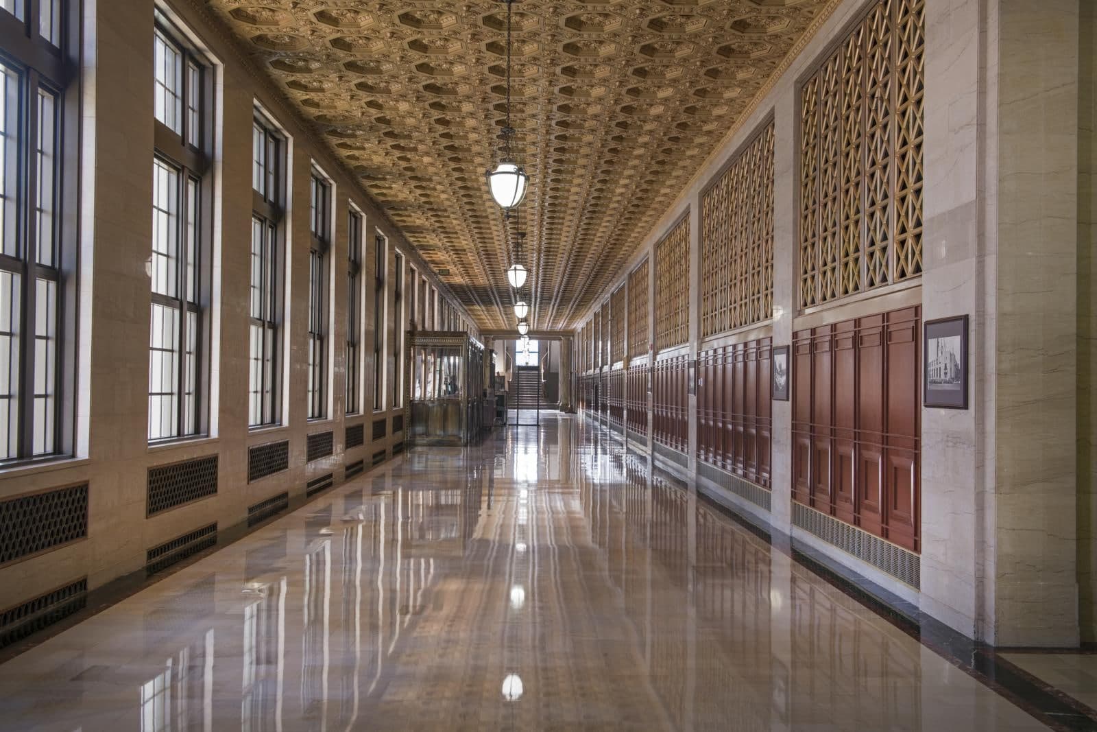 A long empty corridor inside the Federal Building in Tulsa, Oklahoma