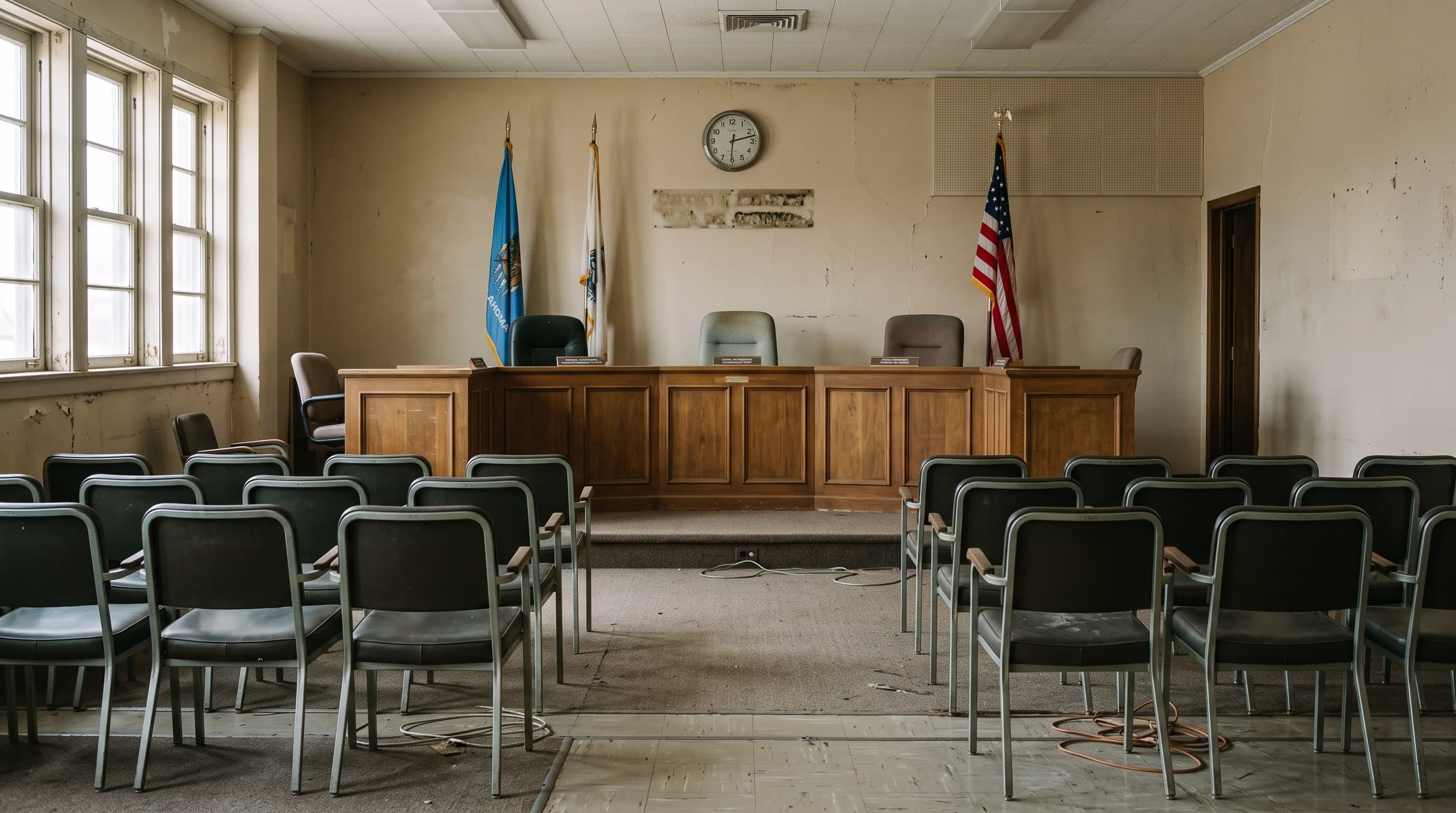 An empty commissioners' meeting room with a three-seat dais, two flags and rows of vinyl chairs.