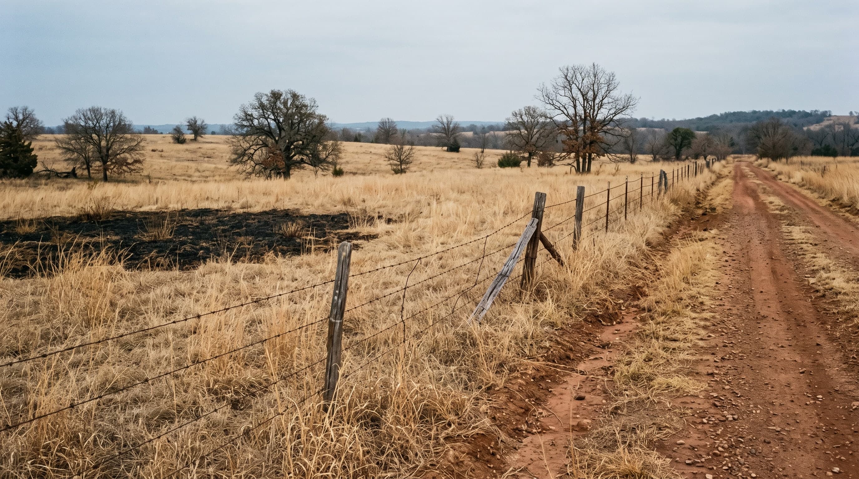 Cured brown pasture behind a sagging barbed-wire fence beside a red-dirt county road in Oklahoma, a patch of blackened stubble in the grass and bare oaks under a grey sky.