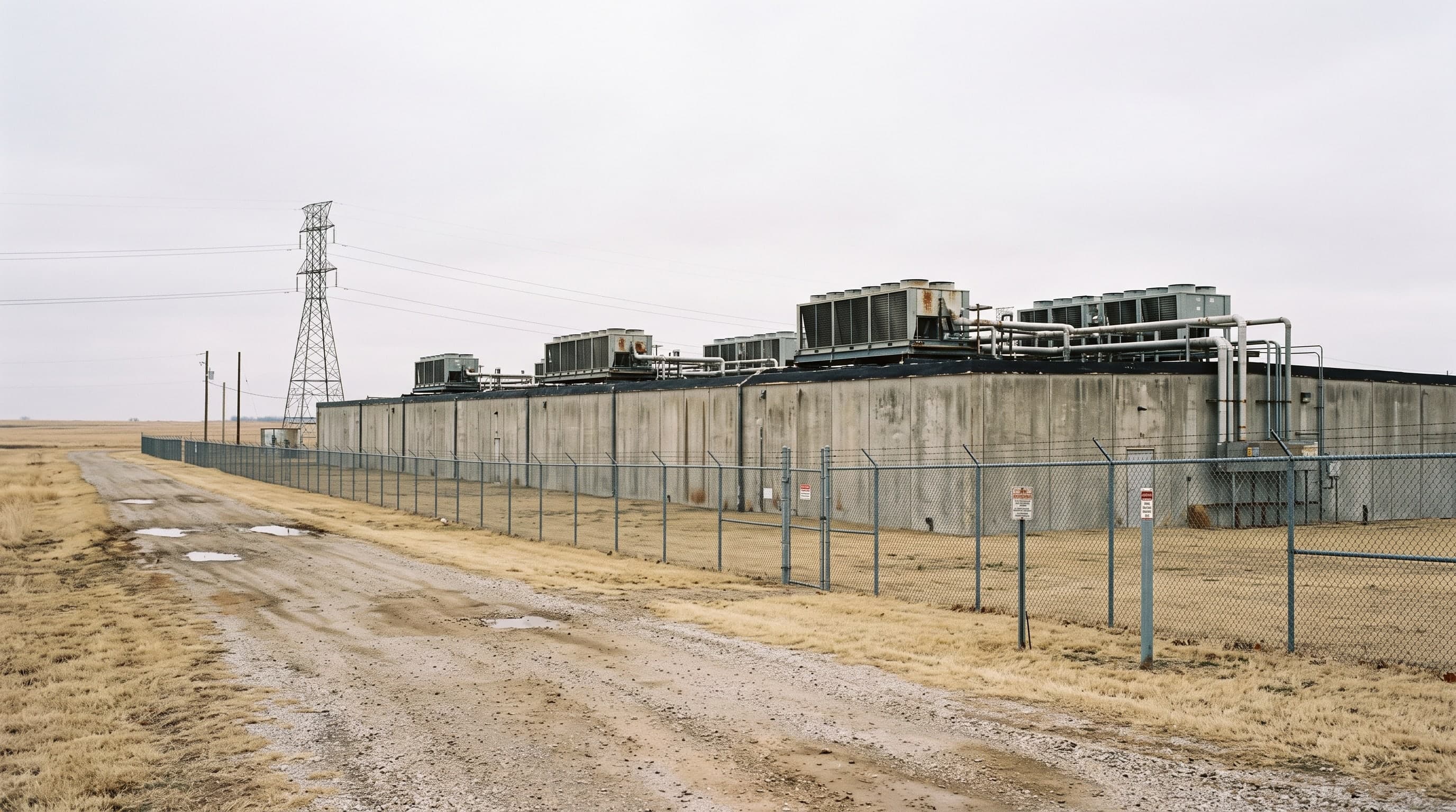 A long windowless concrete building topped with rows of cooling units behind chain-link fencing on flat Oklahoma prairie, a lattice transmission tower beside it and a gravel access road.