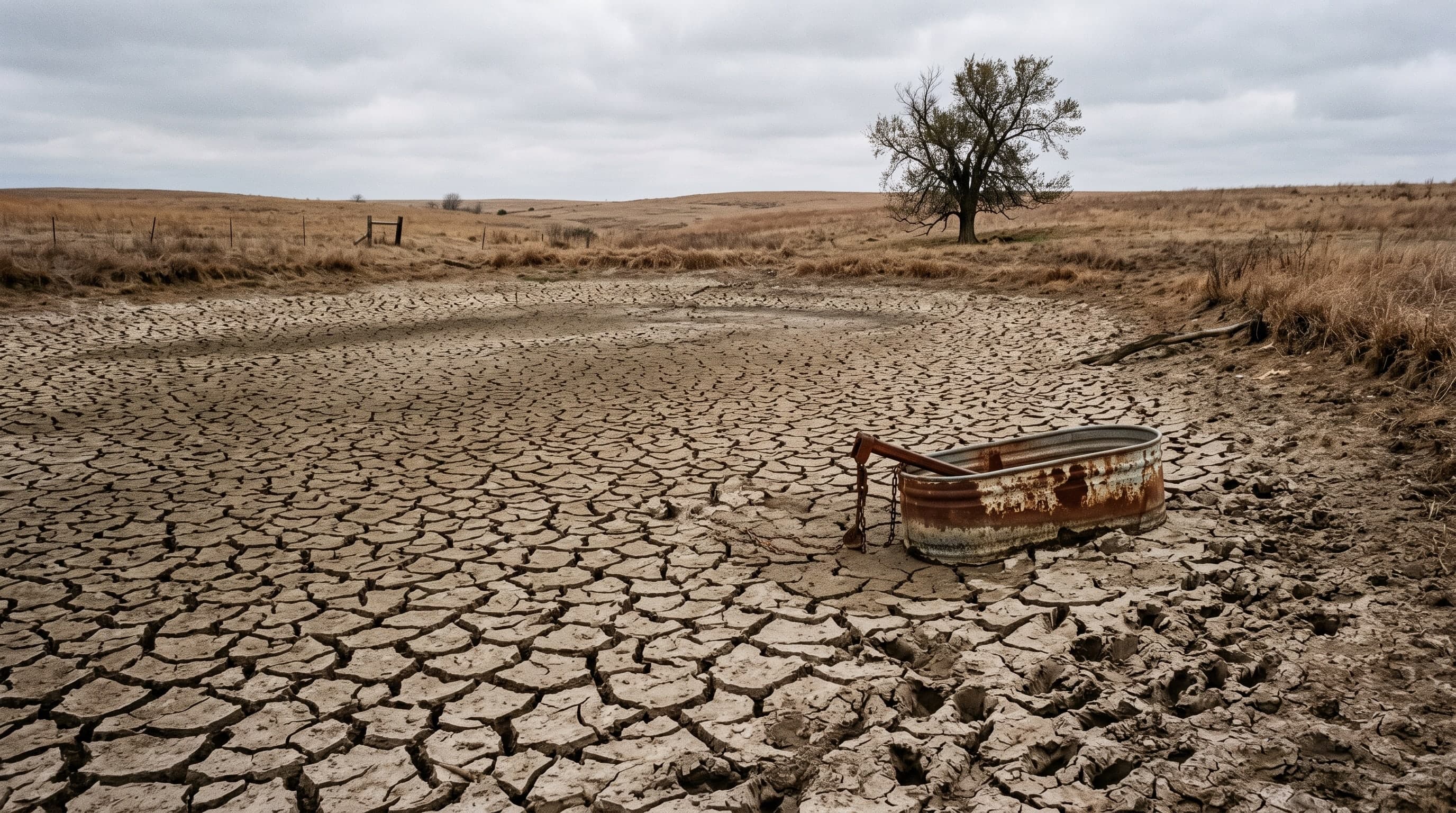 A dried farm pond in Oklahoma pasture, its bed cracked into curled mud plates, a rusted stock tank at the edge and a lone bare tree against a grey sky.