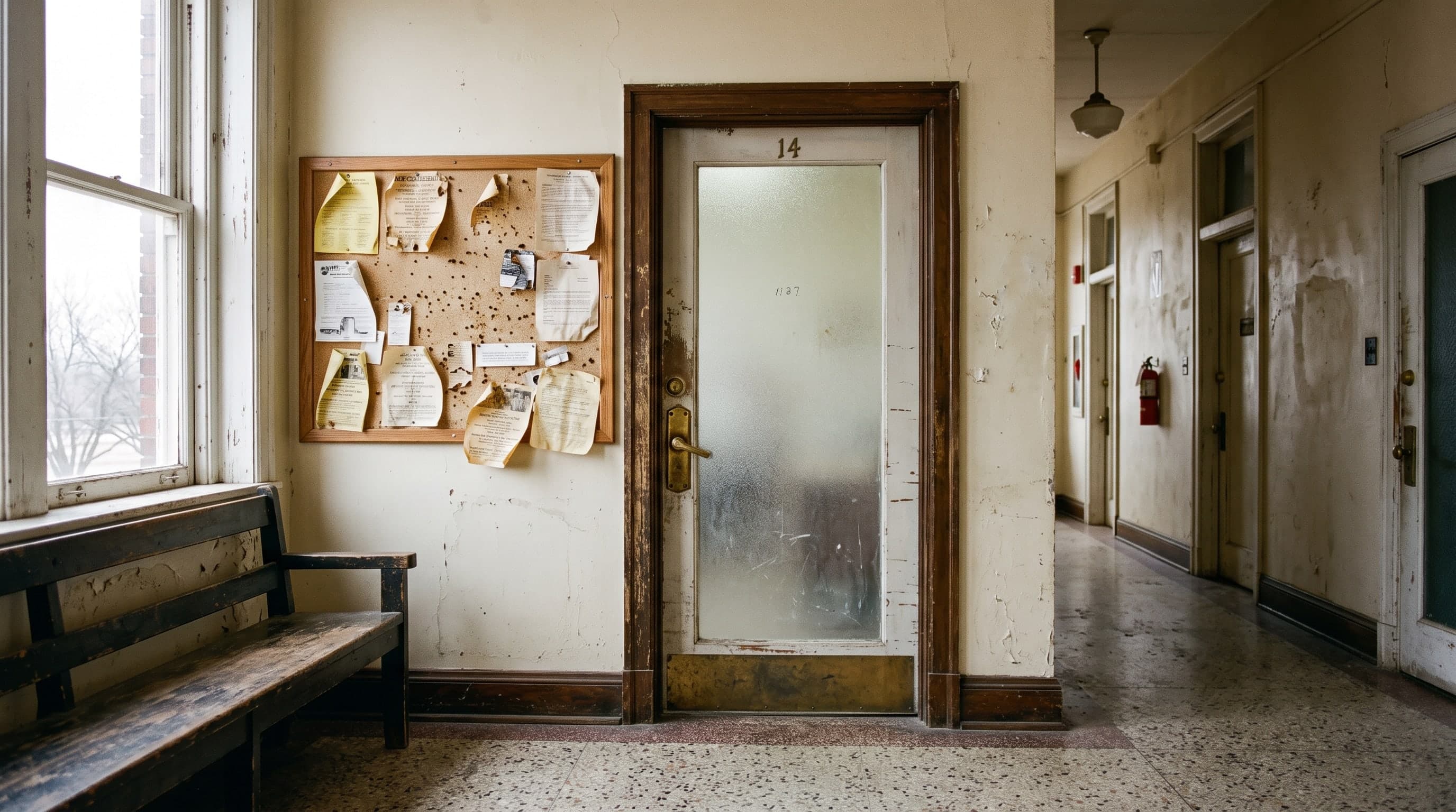 A frosted-glass office door numbered 14 in a worn courthouse corridor, a cork board of curling notices and a wooden bench under a tall window on a terrazzo floor.