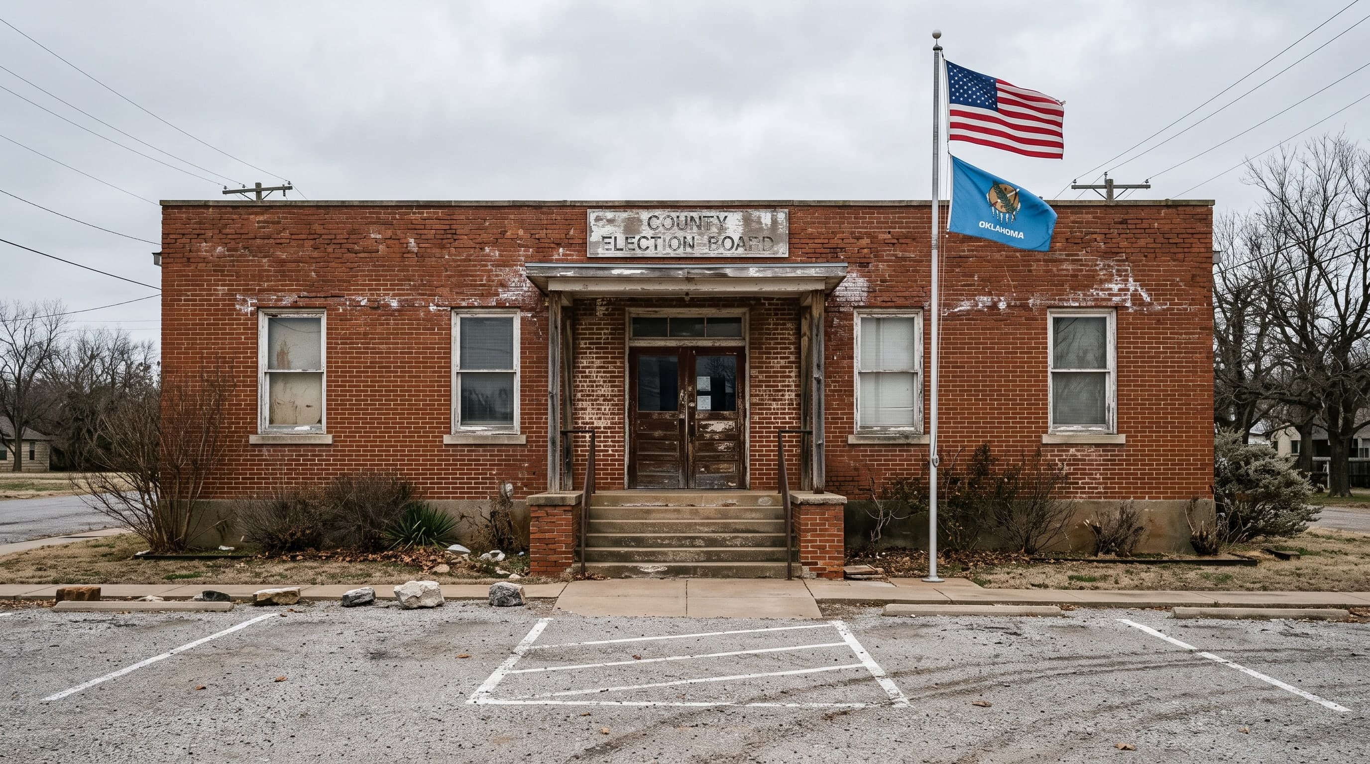 A one-storey red-brick county election board office with a small porch and steps, the United States and Oklahoma flags on a pole and painted stripes in the gravel lot.