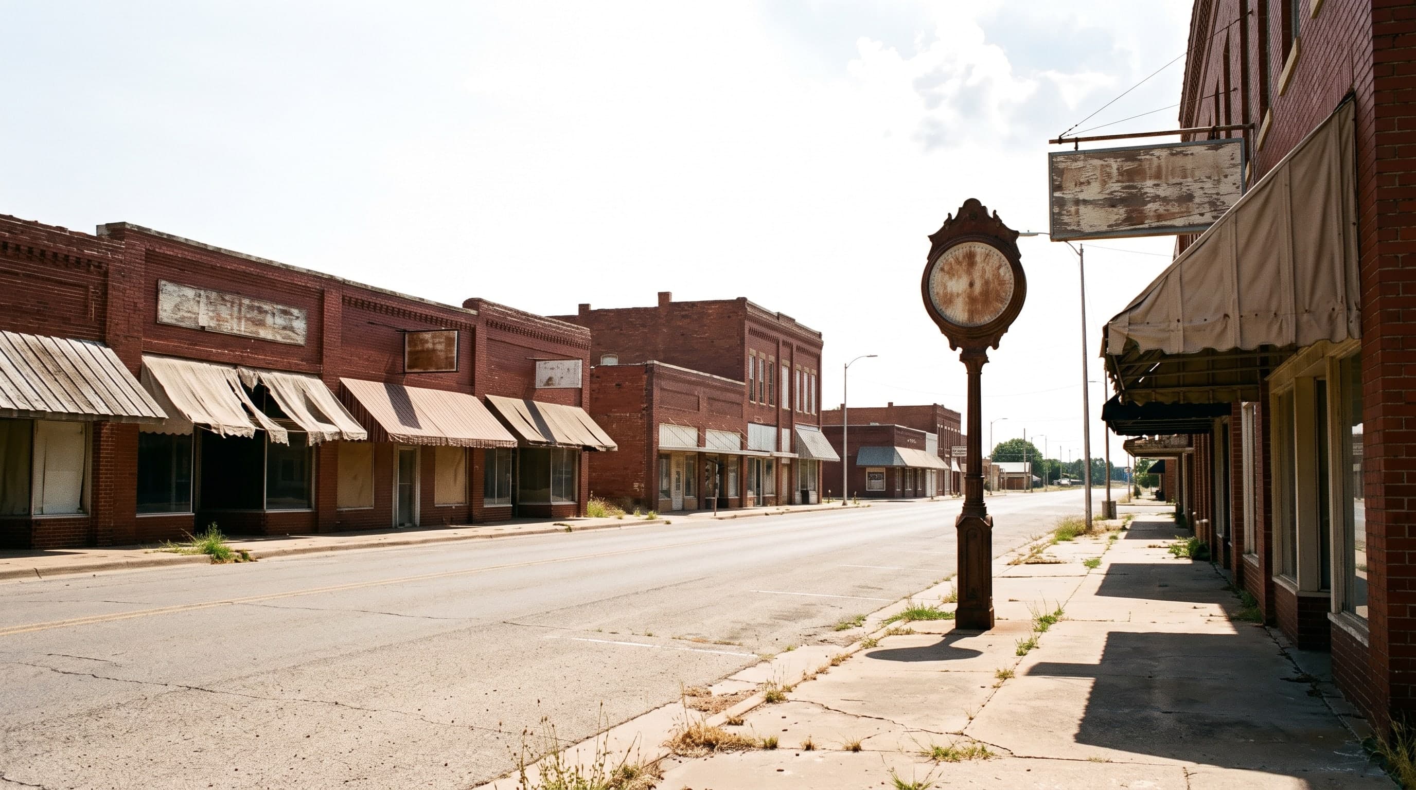 A small-town Oklahoma main street at midday in summer: two-storey brick storefronts with blank sun-bleached sign boards and sagging awnings, a rusted pole clock with a blank face, and heat shimmer over the empty asphalt under a white sky.