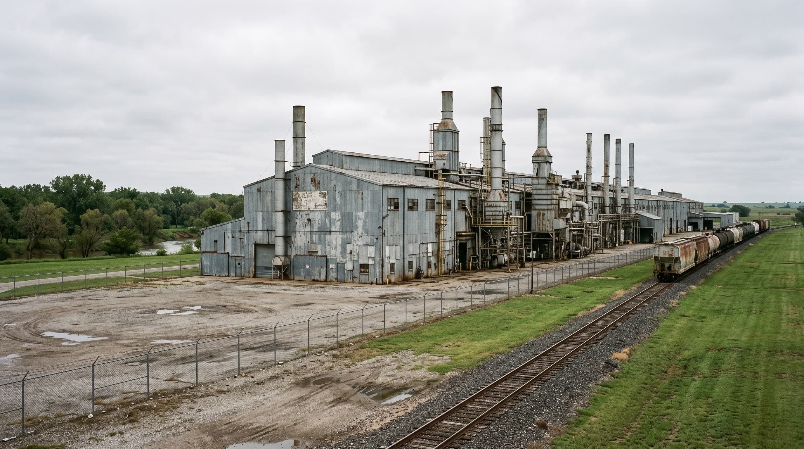 A long steel-clad industrial plant with tall ventilation stacks beside a rail spur with hopper cars, chain-link fence and a gravel lot in front, a river treeline behind.