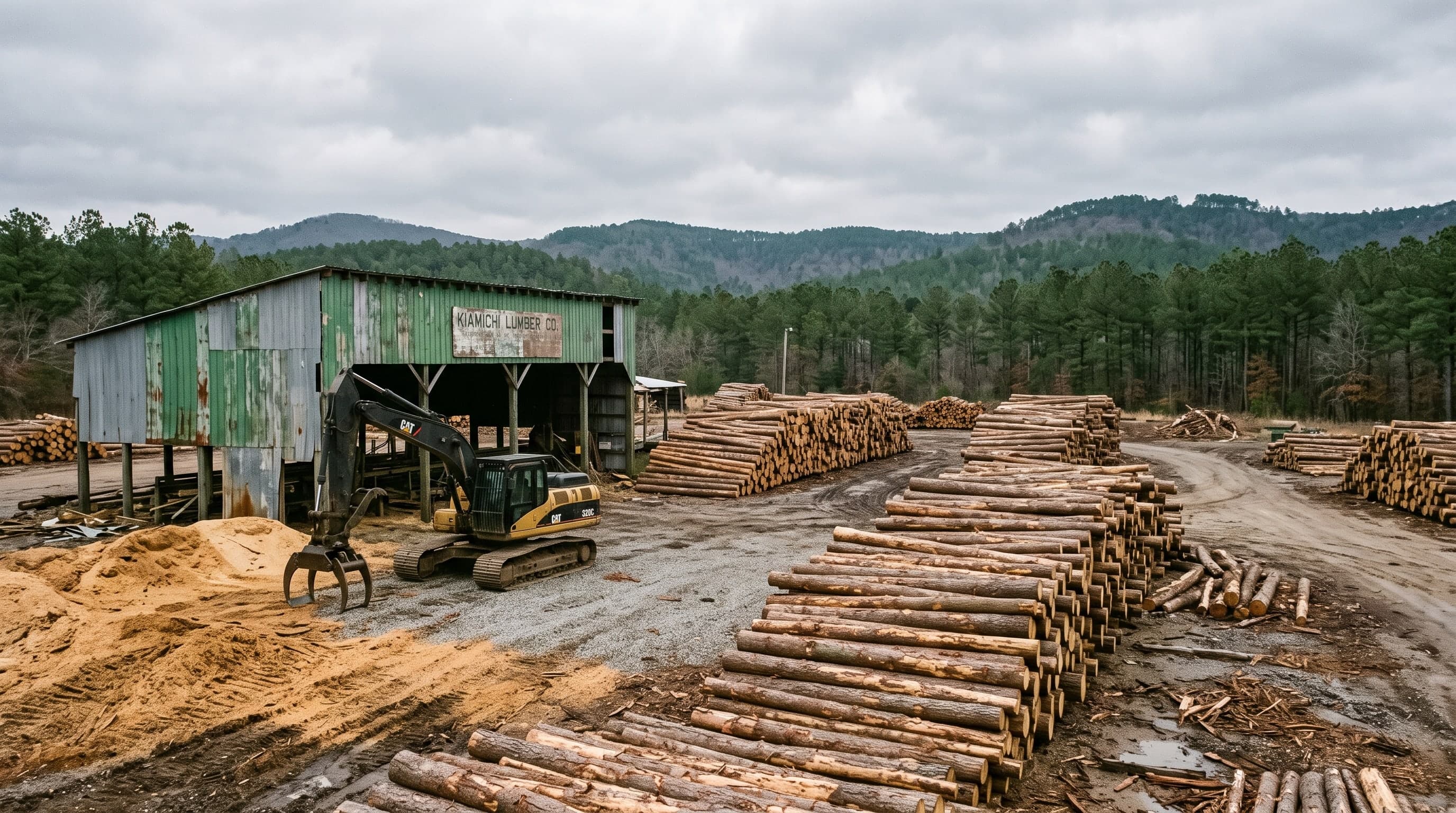 Stacked pine logs and an idle loader in a sawmill yard, a forested ridge behind.