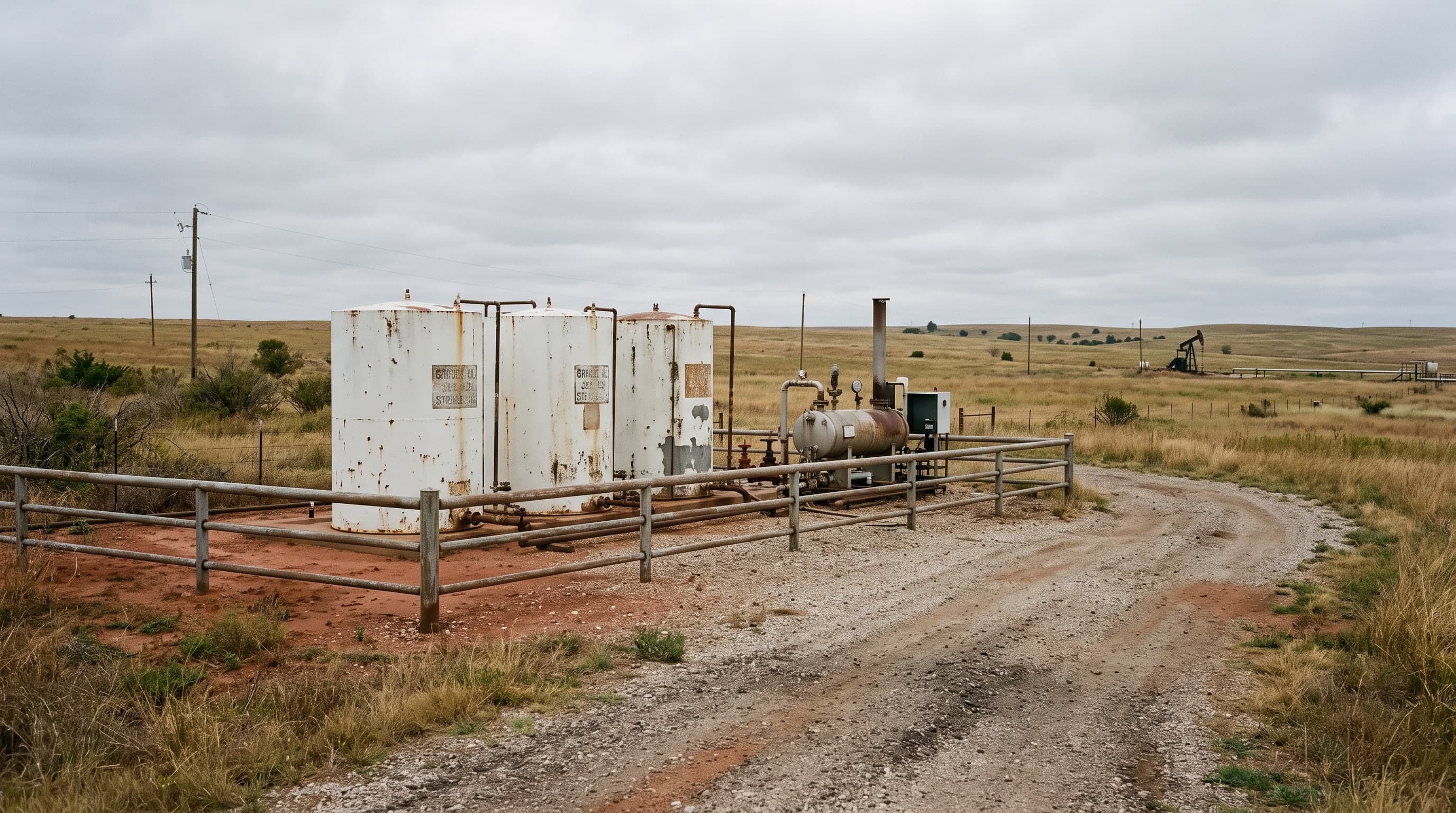 Three rusting white crude storage tanks and a heater-treater behind a pipe fence on a red-dirt lease pad in Oklahoma prairie, a gravel road curving past and a pumpjack on the horizon.