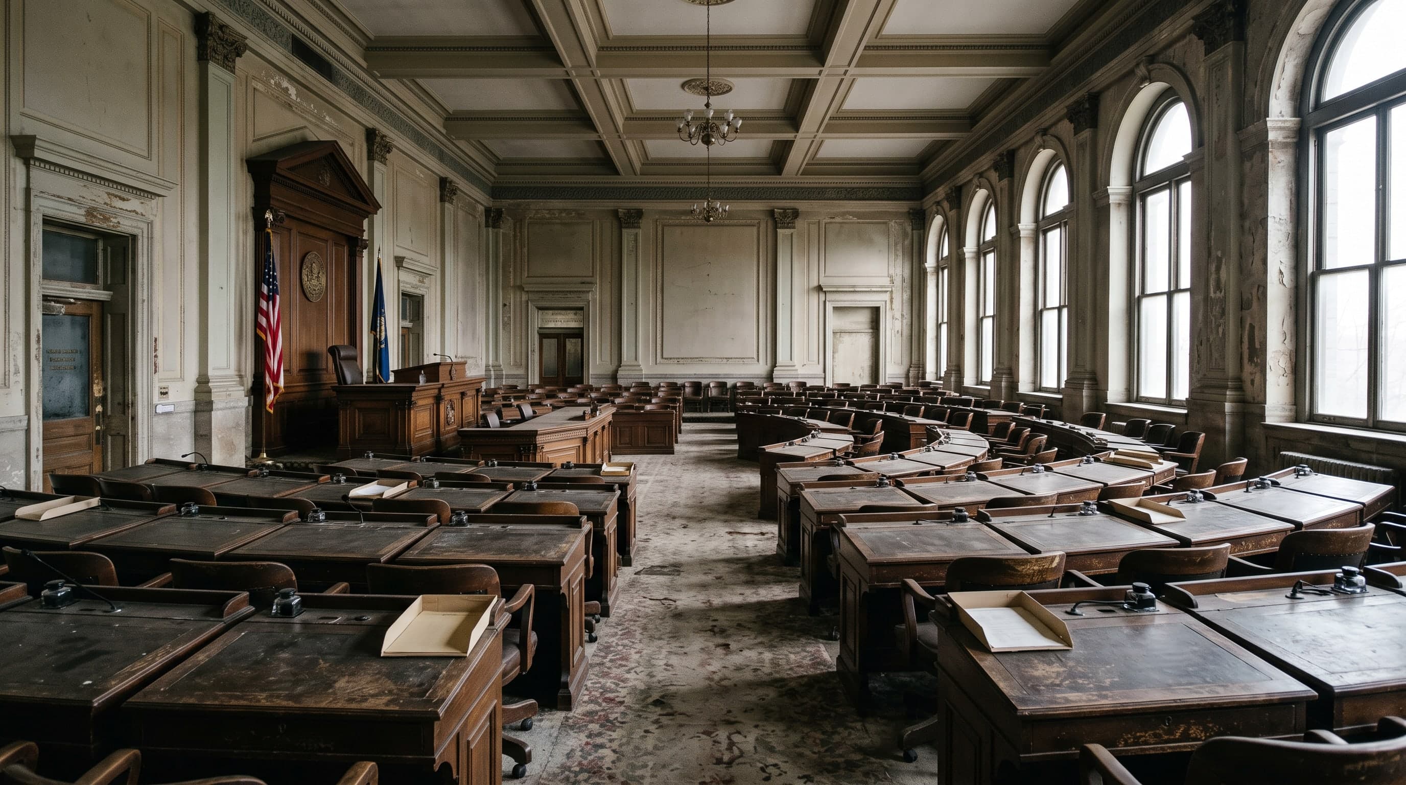 The empty chamber of a state legislature: curved tiered rows of wooden desks facing a raised rostrum, tall windows down one side.