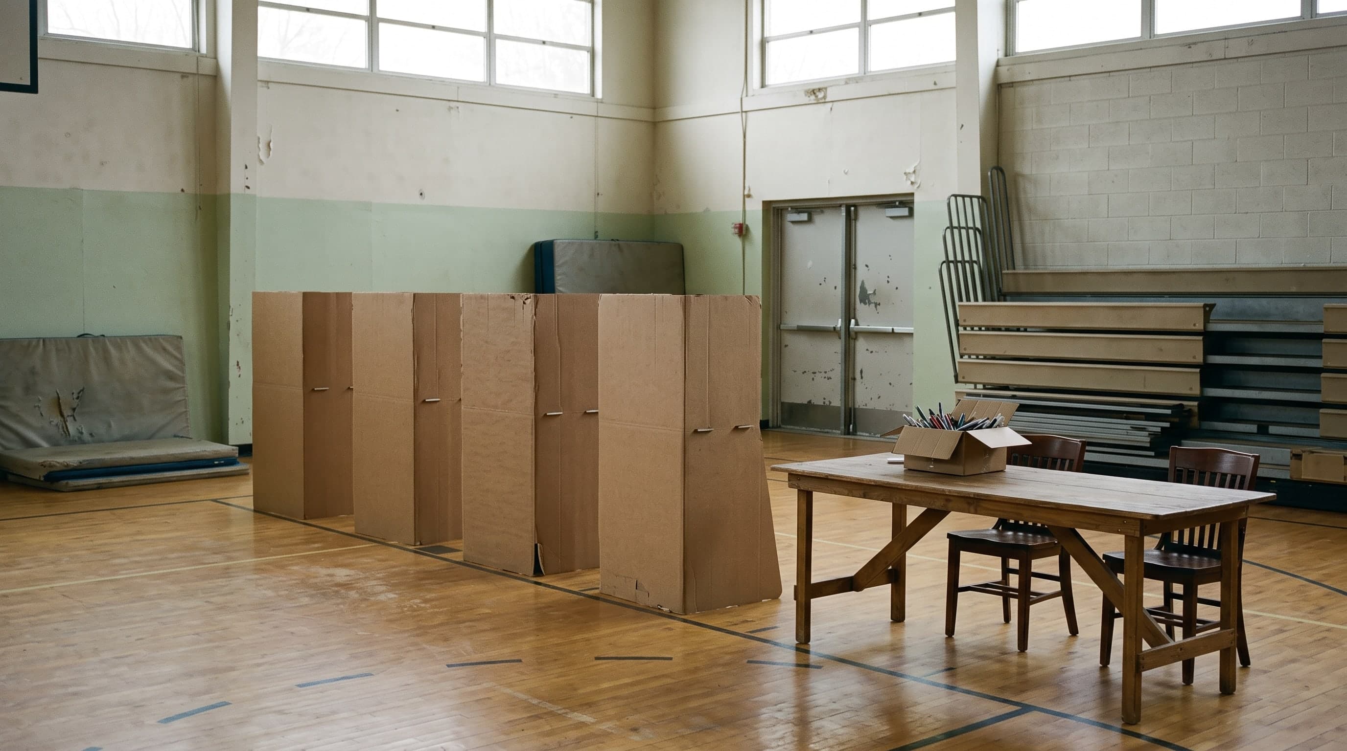 An empty small-town polling place in a school gymnasium: cardboard privacy booths in a row on the varnished floor, a trestle table beside them.