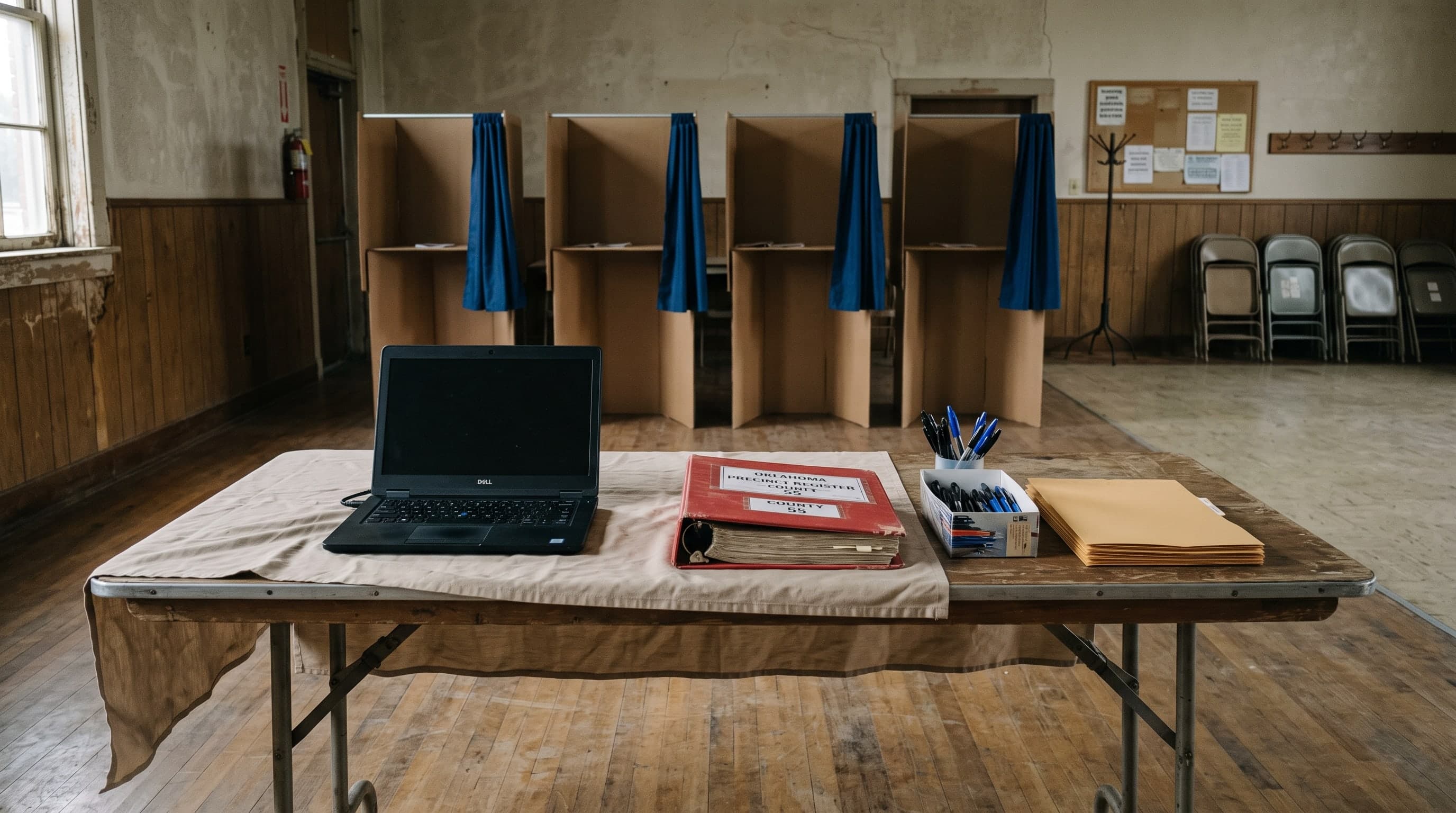 A voter check-in table in an empty wood-floored hall: a closed laptop, a red precinct register binder, a box of pens and manila sleeves, with blue-curtained voting booths behind.