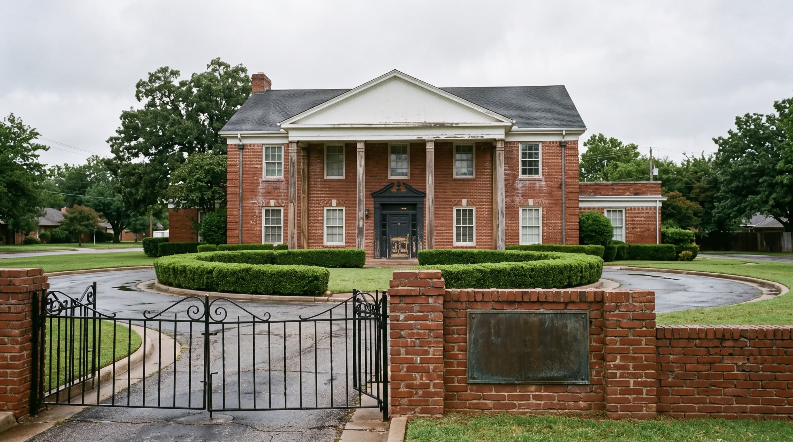 A red-brick private school with a white-columned portico and a circular drive lined with clipped hedges, a wrought-iron gate and a low brick sign wall.