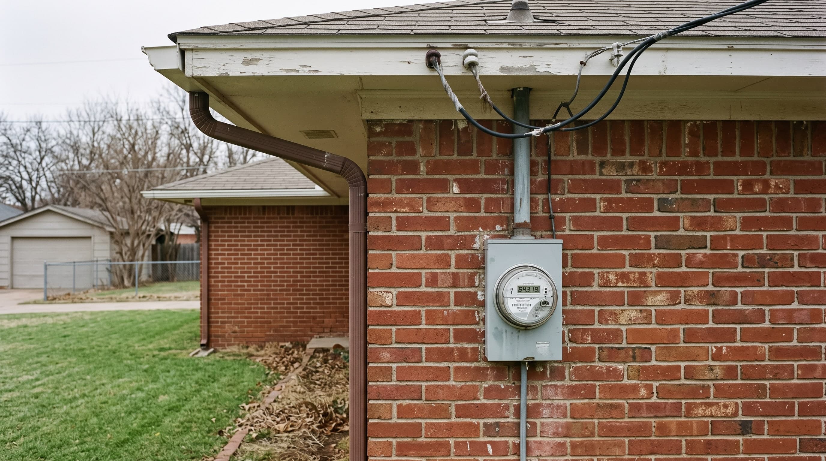 A glass-domed electric meter in a grey box on the red-brick side wall of a ranch house, conduit rising to the eave beside a downspout, lawn and a neighbour's garage beyond.