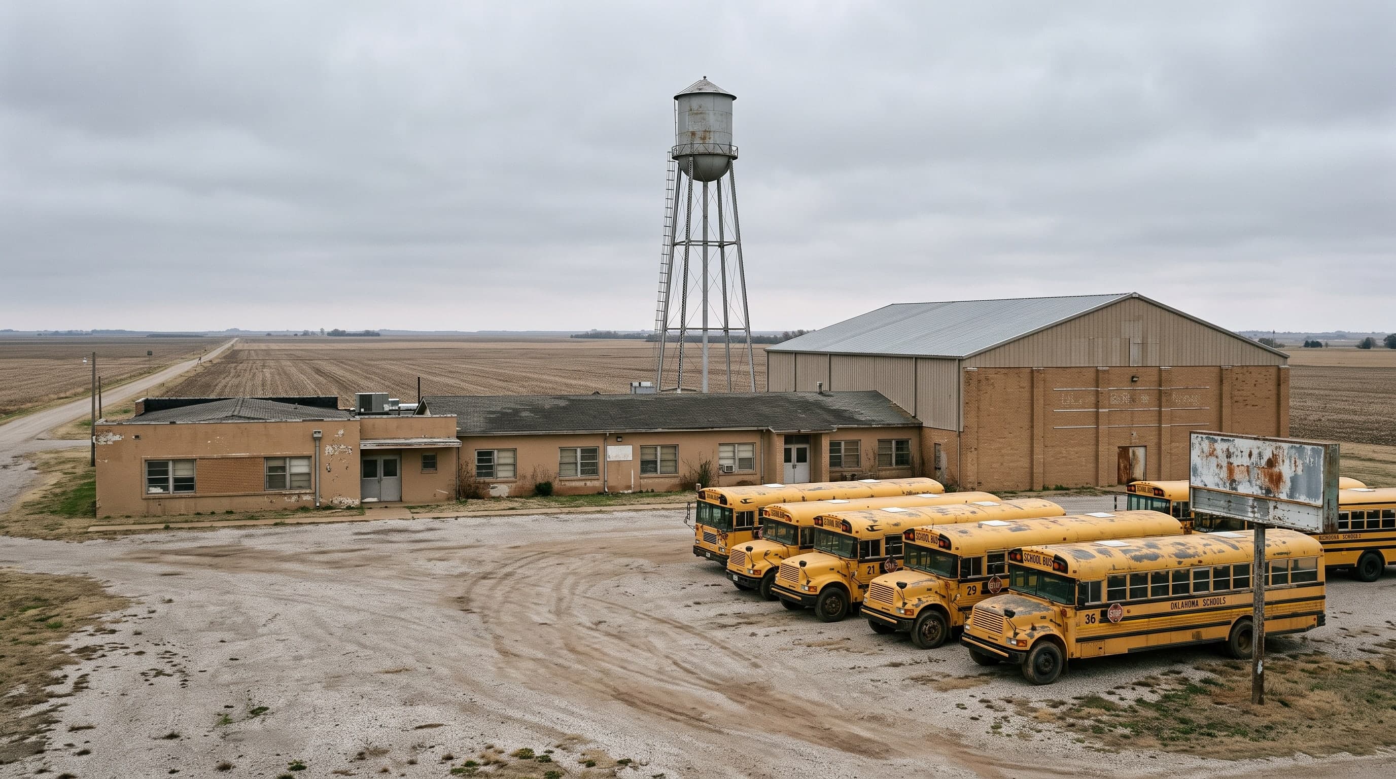 A low tan-brick rural school and gymnasium with a row of yellow school buses parked in the gravel lot, a steel water tower behind and bare farmland to the horizon.