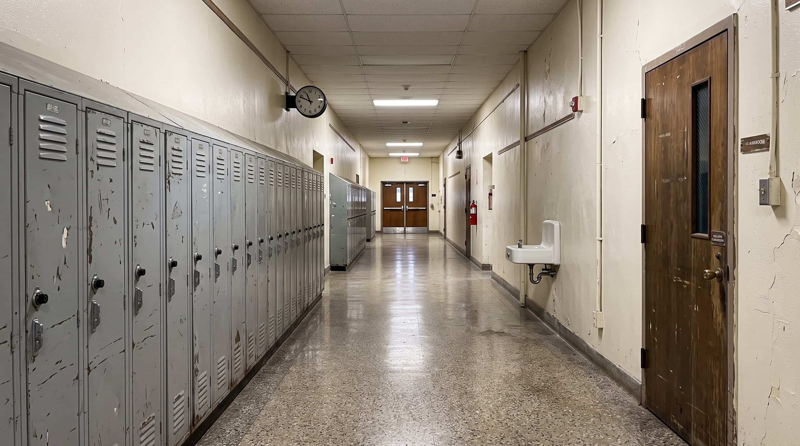 A long empty high-school corridor: a row of dented grey lockers, a wall clock, a drinking fountain and a closed classroom door on a polished terrazzo floor.