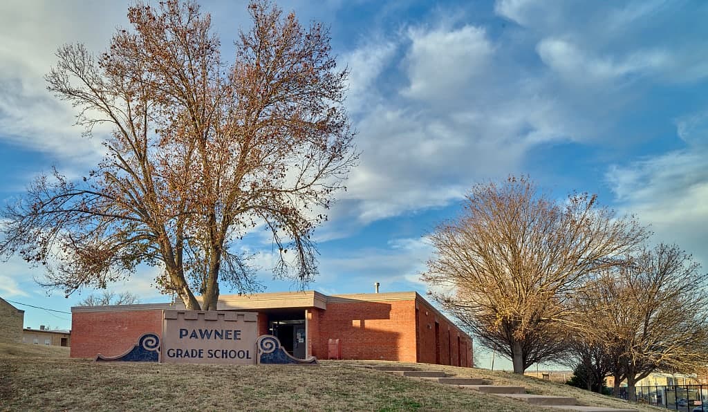 Pawnee Grade School, a low red-brick public school in Pawnee, Oklahoma