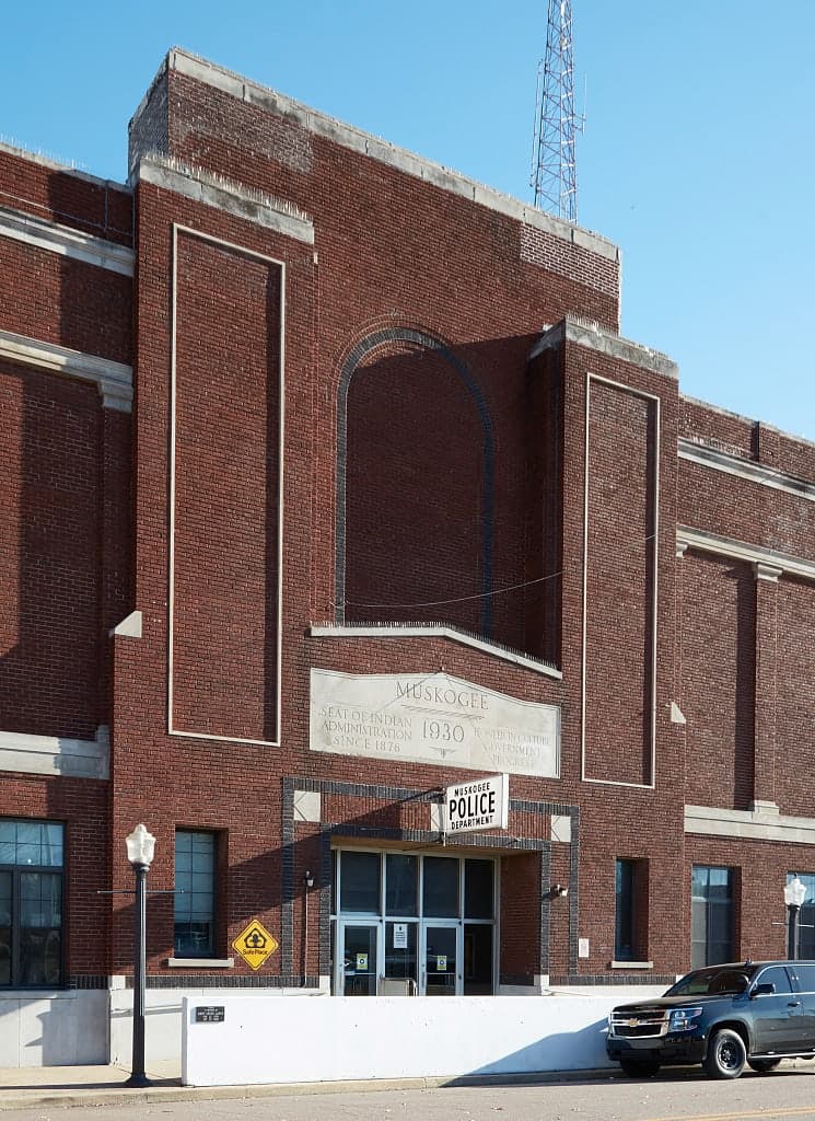 The Muskogee Police Department building in Muskogee, Oklahoma, seen from the street