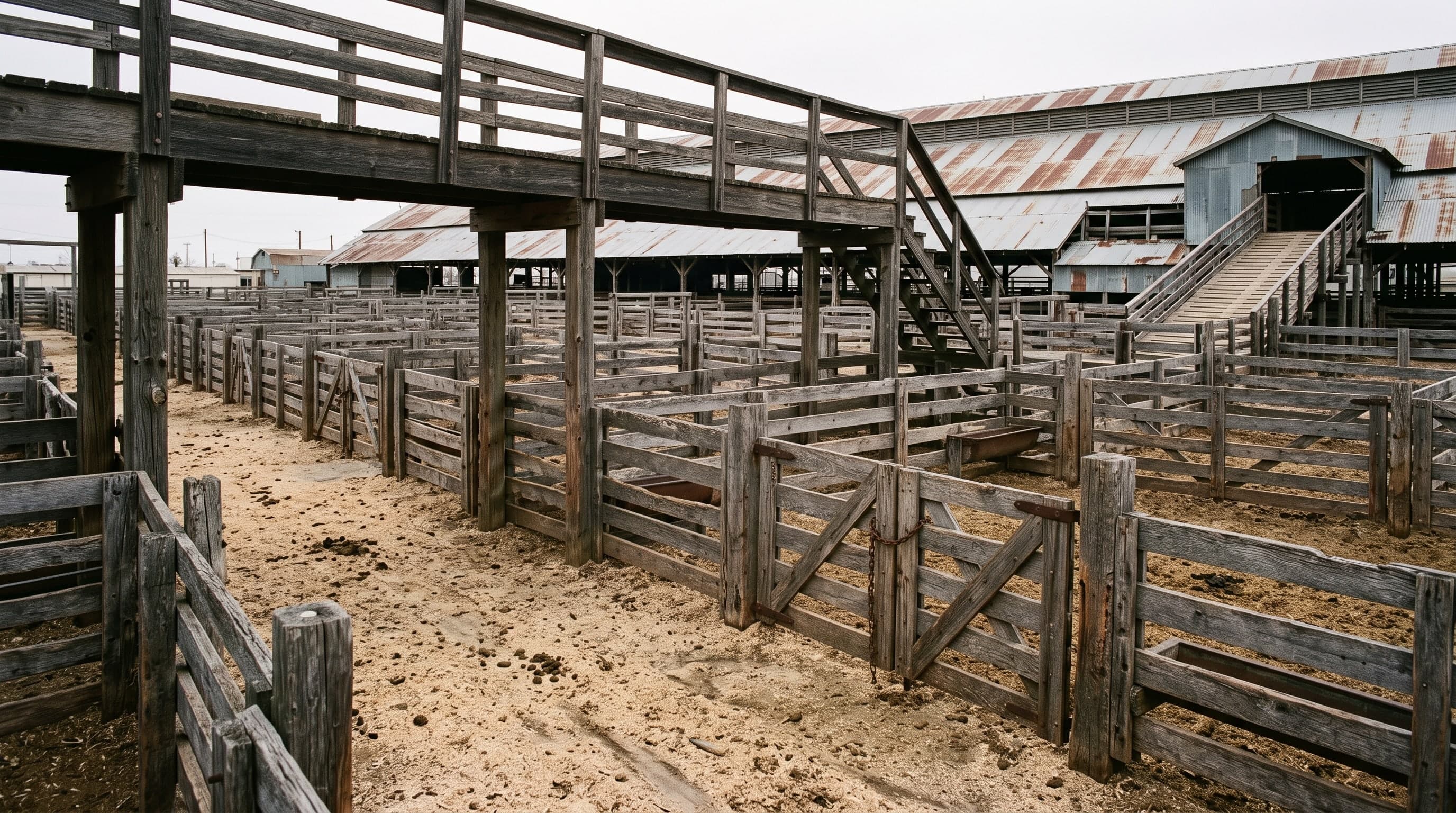 Empty weathered timber cattle pens beneath a raised wooden catwalk at a livestock yard, tin-roofed sale barns behind, sawdust and dust in the alleys.