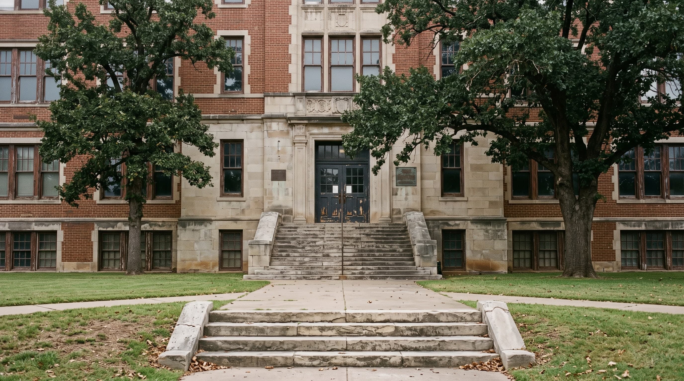 A limestone and red-brick university academic building behind a mown quad, broad stone steps rising to its doors.
