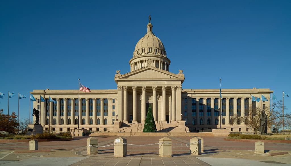 The Oklahoma State Capitol in Oklahoma City, seen head-on from the south plaza