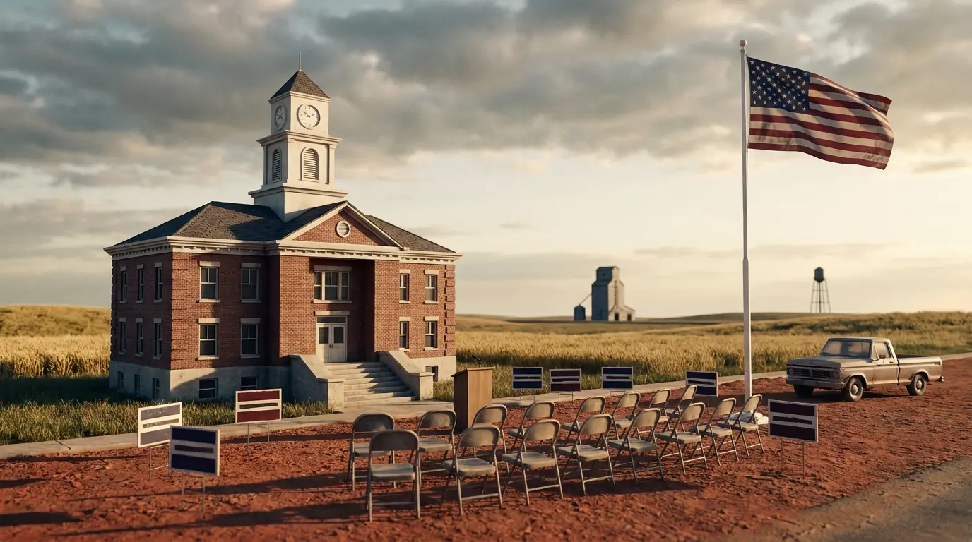 Small-town Oklahoma at dawn: a red-brick county courthouse with a white clock tower, rows of empty folding chairs set out on red dirt for a town meeting, an American flag on a tall pole, and wheat prairie running to a grain elevator on the horizon.